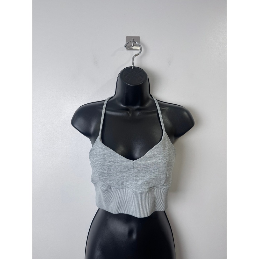 Alo Women Grey Sports Bra Ribbed V-Neck Strappy Back Yoga Top Medium